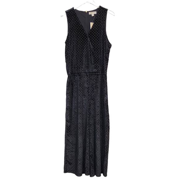 Michael Kors Black Crushed Velvet Studded Jumpsuit  XL NEW Sleeveless Wrap Gold - Picture 1 of 8